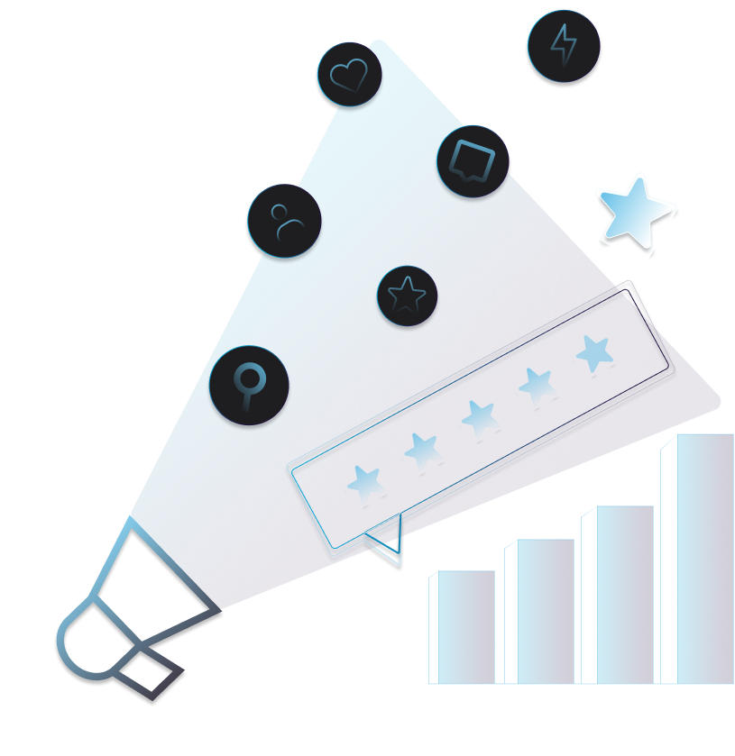 bullhorn with icons and graph in iM4U style
